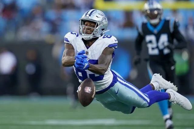Dallas Cowboys wide receiver Jalen Brooks misses a catch against the Carolina Panthers during the second half of an NFL football game Sunday, November 19, 2023, in Charlotte, N.C. (Photo by Erik Verduzco/AP Photo)