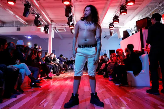 Intersectional activist of transgender experience Devin Michael Lowe presents a creation from the CHULO underwear collection during the New York Fashion Week, in a show that raised money for transgender and cisgender young women victims of violence, in New York, U.S. February 7, 2019. (Photo by Andrew Kelly/Reuters)