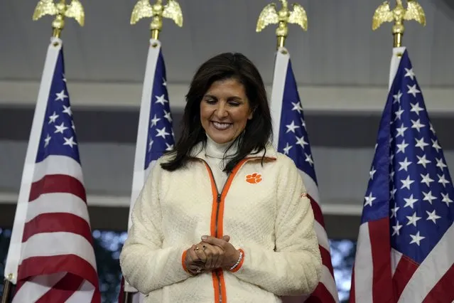 Republican presidential candidate former UN Ambassador Nikki Haley smiles as she's introduced at a campaign rally on Tuesday, February 20, 2024, in Clemson, S.C. (Photo by Meg Kinnard/AP Photo)
