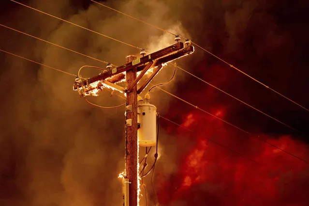 Fire burns along a power pole as the Sugar Fire, part of the Beckwourth Complex Fire, tears through central Doyle, Calif., on Saturday, July 10, 2021. (Photo by Noah Berger/AP Photo)