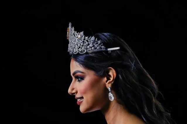 Newly crowned Miss Universe 2021 Harnaaz Sandhu appears during a press conference following the 70th Miss Universe pageant, Monday, December 13, 2021, in Eilat, Israel. (Photo by Ariel Schalit/AP Photo)