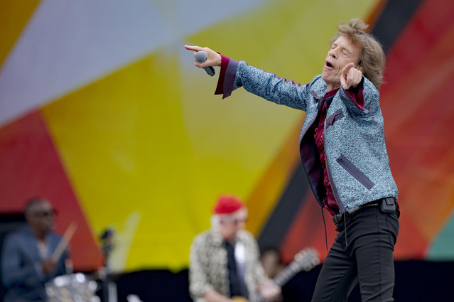 Mick Jagger and Keith Richards, of the Rolling Stones, perform during the New Orleans Jazz and Heritage Festival in New Orleans, Thursday, May 2, 2024. (Photo by Matthew Hinton/AP Photo)