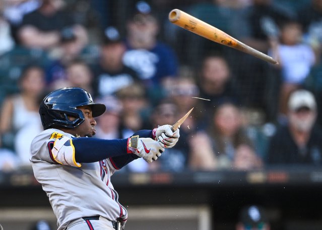 Ozzie Albies #1 of the Atlanta Braves breaks his bat in the eighth inning against the Chicago White Sox at Guaranteed Rate Field on June 27, 2024 in Chicago, Illinois. (Photo by Quinn Harris/Getty Images)