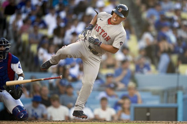 Boston Red Sox designated hitter Masataka Yoshida, right, reacts after being hit by a pitch from Los Angeles Dodgers reliever Anthony Banda during the eighth inning of a baseball game, Sunday, July 21, 2024, in Los Angeles. (Photo by Ryan Sun/AP Photo)