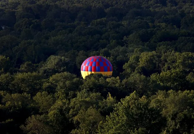 A hot air balloon comes to rest amid trees, as seen from a flying balloon just after sunrise on day one of the 2015 New Jersey Festival of Ballooning in Readington, New Jersey, July 24, 2015. (Photo by Mike Segar/Reuters)