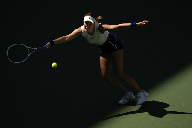 Danielle Collins, of the United States, returns a shot to Caroline Dolehide, of the United States, during the first round of the U.S. Open tennis championships, Tuesday, August 27, 2024, in New York. (Photo by Seth Wenig/AP Photo)