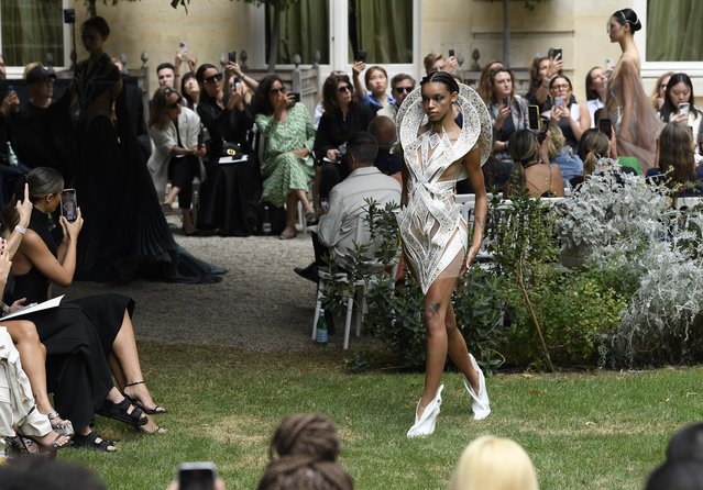 A model on the runway at the Iris Van Herpen Fall 2023 Couture Collection Fashion Show on July 3, 2023 in Paris, France. (Photo by Giovanni Giannoni/WWD via Getty Images)