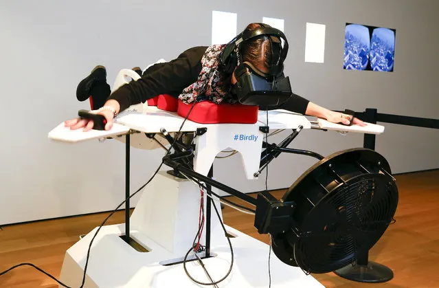 A visitor tries the flight simulator Birdly at the exhibition “Animated Wonderworlds” at Museum fuer Gestaltung (Museum for Design) in Zurich, November 17, 2015. Birdly simulates the flight of a red kite over New York City, controlled by the entire body of the user. The flight simulator was developed by scientists at Zurich University of the Arts. (Photo by Arnd Wiegmann/Reuters)