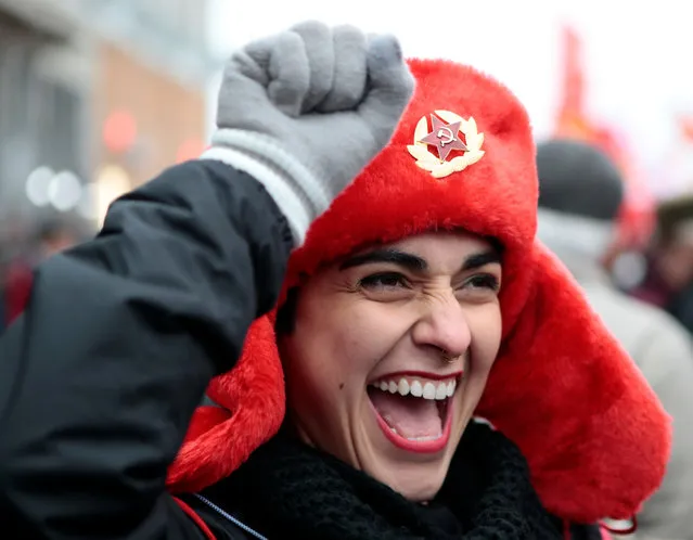 A demonstrator reacts during a rally held by Russian Communist party to mark the Red October revolution's centenary in central Moscow, Russia on November 7, 2017. (Photo by Andrey Volkov/Reuters)