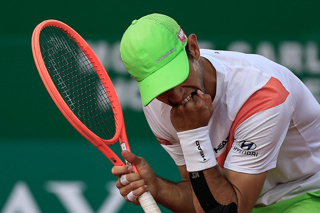 Portugal's Nuno Borges reacts after losing a point as he plays against Greece's Stefanos Tsitsipas during the Monte Carlo ATP Masters Series Tournament round of 16 tennis match on the Rainier III court at the Monte Carlo Country Club in Roquebrune-Cap-Martin on April 10, 2025. (Photo by Valery Hache/AFP Photo)