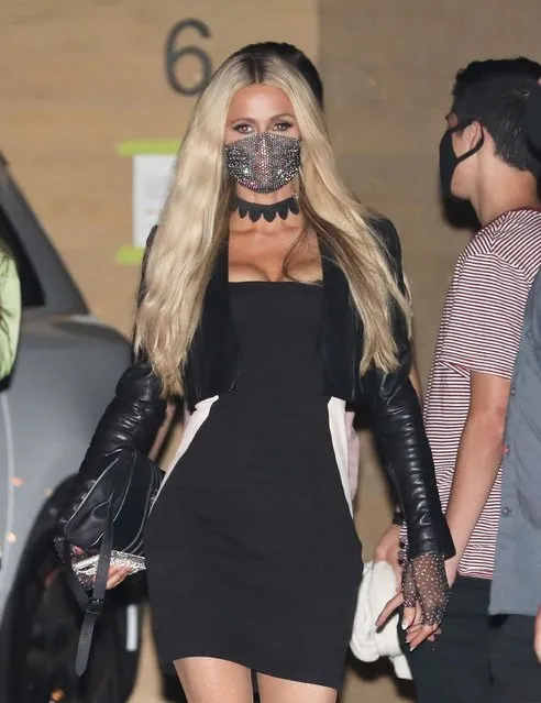 American media personality Paris Hilton looks flawless in her little black dress which she pairs with a leather jacket on Saturday, September 26, 2020. The heiress is joined by beau Carter Reum as they venture out to Nobu in Malibu for a romantic date night. (Photo by X17/SIPA Press)