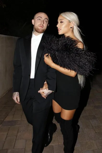 Rapper Mac Miller and singer Ariana Grande are seen attending an Oscar party on March 4, 2018 in Los Angeles, California. (Photo by GC Images)