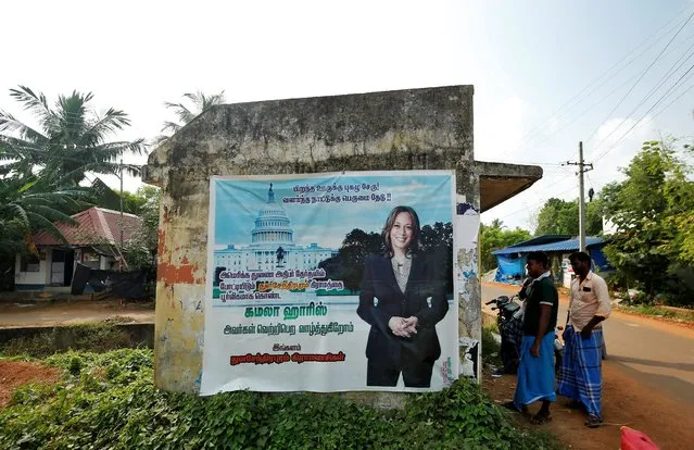 A banner featuring U.S. Democratic vice presidential nominee Kamala Harris is seen pasted on a wall at a bus stop at the village of Thulasendrapuram, where Harris' maternal grandfather was born and grew up, in Tamil Nadu, India, November 4, 2020. (Photo by P. Ravikumar/Reuters)