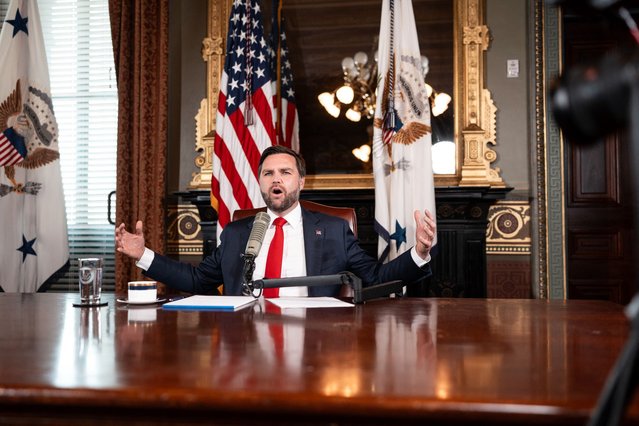 US Vice President JD Vance hosts an episode of the Charlie Kirk Show in the Eisenhower Executive Office Building on the White House campus in Washington, DC, on September 15, 2025. The 31-year-old Kirk was killed on September 10 when hit by a single bullet in his neck while addressing a large crowd at Utah Valley University in the town of Orem. Turning Point USA announced that a memorial service for Kirk will take place in a football stadium near Phoenix, Arizona on September 21, which US President Donald Trump confirmed he will attend. (Photo by Doug Mills/AFP Photo)