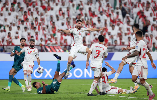 UAE's Alaeddine Zouhir rises highest. The UAE take on Iraq in a play-off game during the Asian Qualifiers, Road to 26. Mohamed bin Zayed Stadium, Abu Dhabi, UAE on November 13, 2025. (Photo by Chris Whiteoak/The National)