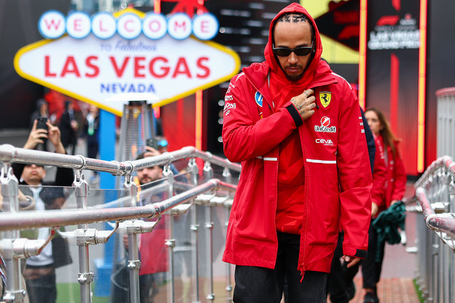 Lewis Hamilton of Great Britain and Scuderia Ferrari arriving in to the paddock during qualifying ahead of the F1 Grand Prix of Las Vegas at Las Vegas Strip Circuit on November 21, 2025 in Las Vegas, Nevada. (Photo by Peter Fox/Getty Images)