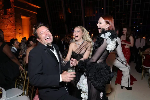 (L-R) American stand-up comedian and television host Jimmy Fallon, American model and television personality Gigi Hadid, and English model Karen Elson attend The 2023 Met Gala Celebrating “Karl Lagerfeld: A Line Of Beauty” at The Metropolitan Museum of Art on May 01, 2023 in New York City. (Photo by Kevin Mazur/MG23/Getty Images for The Met Museum/Vogue)