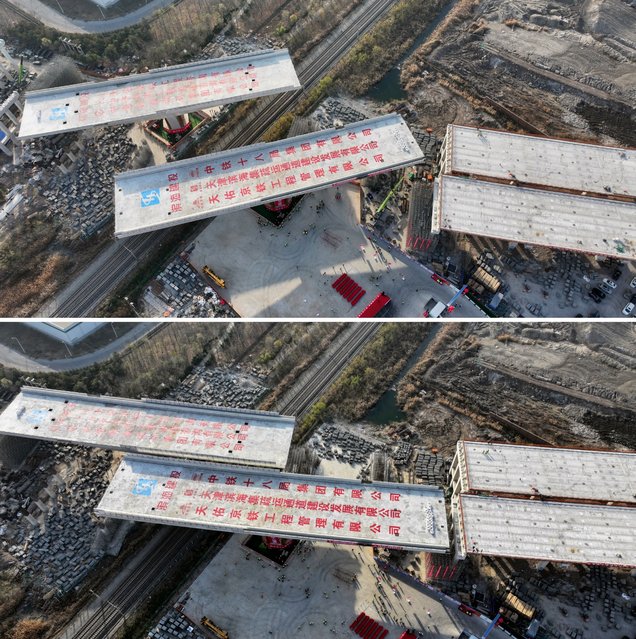 A combo photo taken with drone on Nov. 26, 2025 shows the construction site of twin swivel bridges of the Xinggang expressway in Tianjin, north China on November 26, 2025. The twin swivel bridges of the Xinggang expressway completed their rotation here on Wednesday. Two continuous beams, each weighing 14,000 tons, simultaneously turned clockwise by more than 60 degrees to pass over a railway. The Xinggang expressway is a key transportation infrastructure project in support of the coordinated development of the Beijing-Tianjin-Hebei region. (Photo by Xinhua News Agency/Rex Features/Shutterstock)