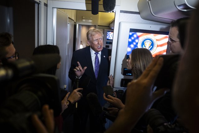 President Donald Trump speaks to the press aboard Air Force One en-route to Washington, DC on November 30, 2025. The first family is returning to Washington, DC after spending the Thanksgiving holiday at Mar-A-Lago Resort In Florida. (Photo by Pete Marovich/Getty Images)