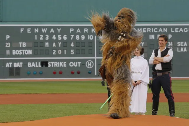 People dressed as Star Wars characters Chewbacca, Princess Leia and Han Solo throw out the ceremonial first pitch before the game between the Tampa Bay Rays and the Boston Red Sox at Fenway Park in Boston, May 4, 2015. (Photo by Brian Snyder/Reuters)