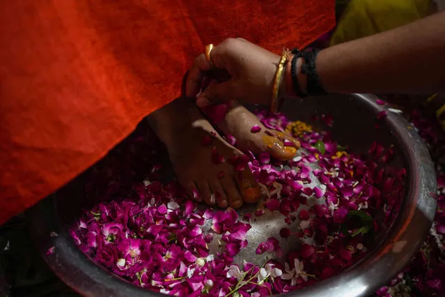 A Hindu devotee puts rose petals after washing the feet of her guru Swami Balbir Giri on the occasion of Guru Purnima, or full moon day dedicated to the guru, at Prayagraj , in the northern state of Uttar Pradesh, India, Monday, July 3, 2023. The festival is observed to worship and express gratitude to teachers. (Photo by Rajesh Kumar Singh/AP Photo)