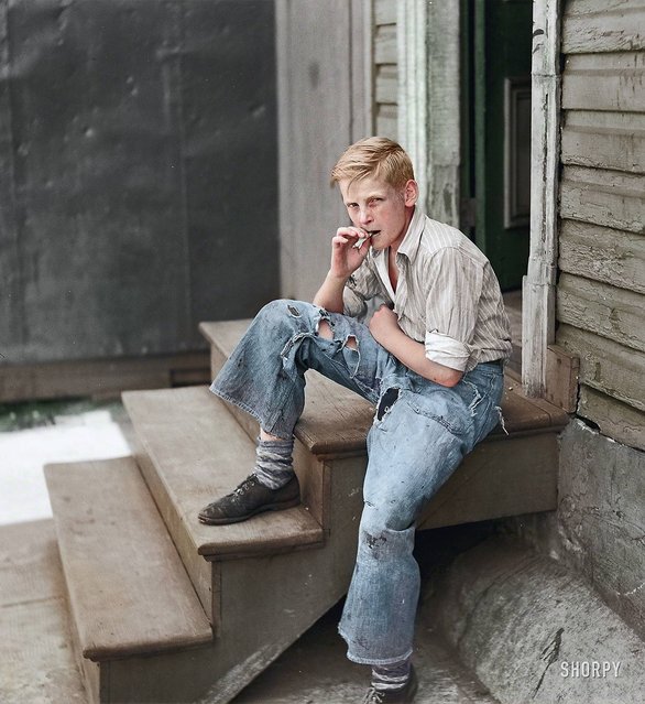 Young boy in Baltimore slum area, July 1938. Colorized by Jordan J. Lloyd (photojacker on Reddit). (Photo by John Vachon)