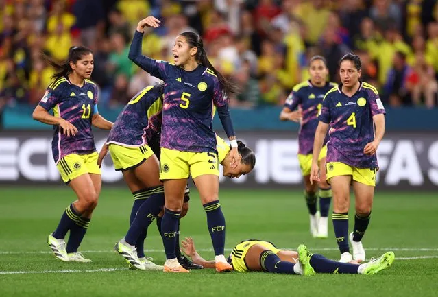 Jorelyn Carabalí of Columbia goes down with an injury during the FIFA Women's World Cup Australia & New Zealand 2023 Group H match between Germany and Colombia at Sydney Football Stadium on July 30, 2023 in Sydney, Australia. (Photo by Carl Recine/Reuters)