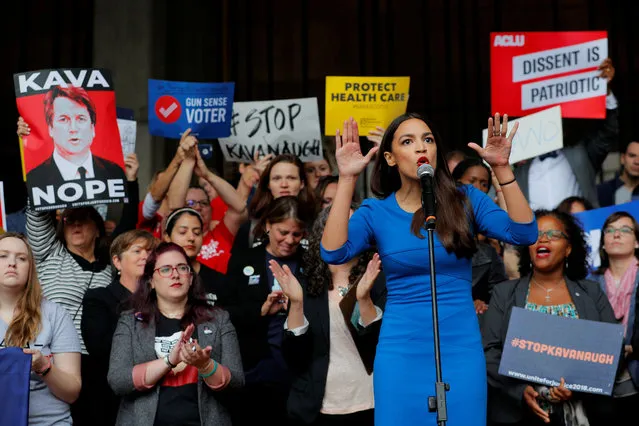 Democratic Congressional candidate Alexandria Ocasio-Cortez speaks at a really against Supreme Court nominee Brett Kavanaugh outside an expected speech by U.S. Representative Jeff Flake (R-AZ) in Boston on October 1, 2018. (Photo by Brian Snyder/Reuters)