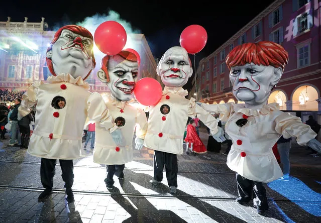 Giant figures of French President Emmanuel Macron, German Chancellor Angela Merkel, U.S. President Donald Trump and Russian President Vladimir Purin are paraded during the 135th Carnival parade in Nice, France, February 19, 2019. (Photo by Eric Gaillard/Reuters)