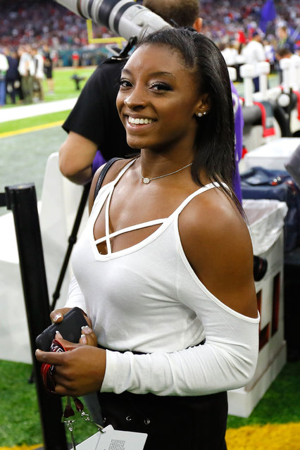 Gymnast Simone Biles looks on during Super Bowl 51 between the Atlanta Falcons and the New England Patriots at NRG Stadium on February 5, 2017 in Houston, Texas. (Photo by Kevin C. Cox/Getty Images)