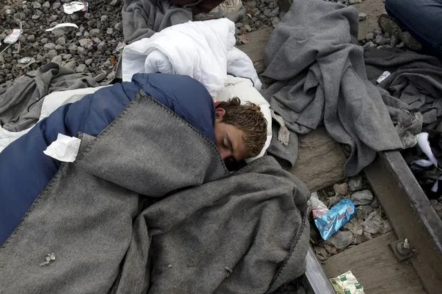 A refugee sleeps on the railway tracks in a makeshift camp for refugees and migrants at the Greek-Macedonian border near the village of Idomeni, Greece, March 23, 2016. (Photo by Alexandros Avramidis/Reuters)