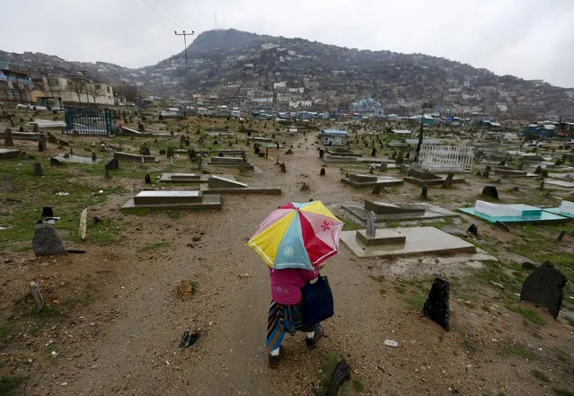 An Afghan girl walks through a cemetery during a rainy day in Kabul, Afghanistan March 16, 2016. (Photo by Mohammad Ismail/Reuters)