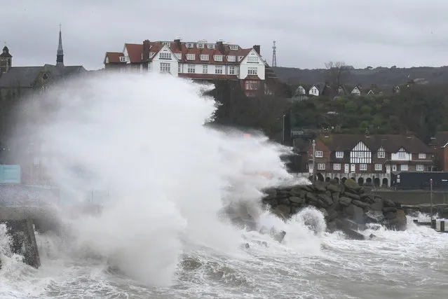 Giant waves crashing against the harbour wall in Folkestone, Kent, UK on Monday, February 26, 2024. (Photo by Gareth Fuller/PA Images via Getty Images)
