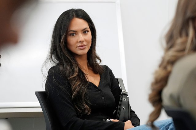Detroit Lions quarterback Jared Goff's fiancee Christen Harper in attendance as Goff addresses the media during an NFL football news conference, Thursday, May 16, 2024, in Allen Park, Mich. The Lions announced that they have signed Goff to a contract extension through the 2028 season. (Photo by Carlos Osorio/AP Photo)
