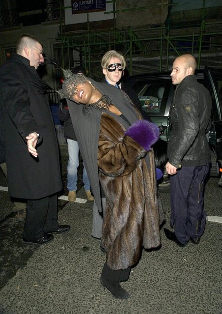 Jamaican-American singer-songwriter and model Grace Jones arrives at the 30th birthday party of Kate Moss, Mansfield street, London, Britain on January 16, 2004. (Photo by Chapman/Rex Features/Shutterstock)