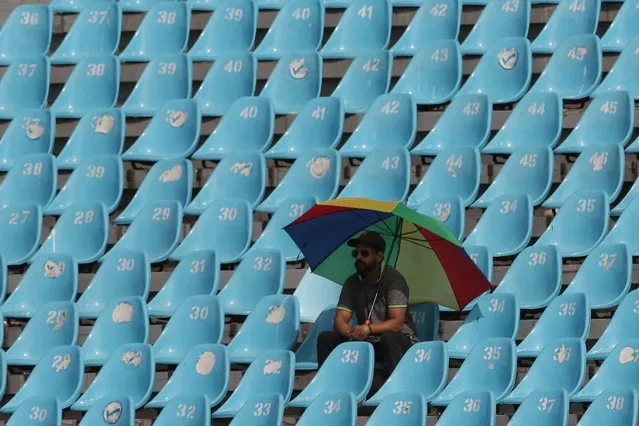 A spectator watches the second day of the third cricket test match between Pakistan and Australia at the Gaddafi Cricket Stadium in Lahore, Pakistan, 22 March 2022. (Photo by Rahat Dar/EPA/EFE)