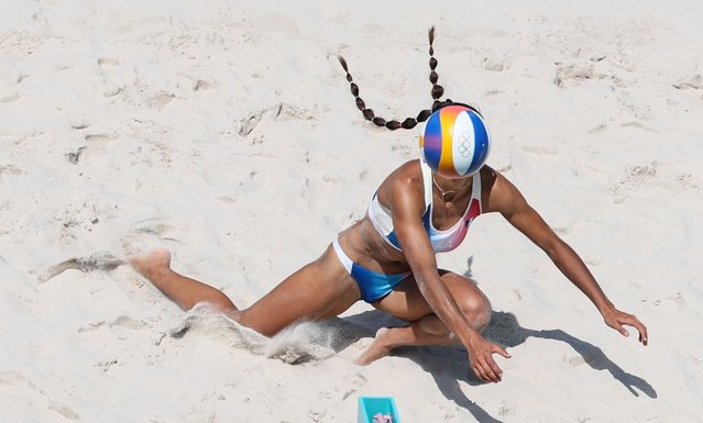 Clemence Vieira of France saves the ball during the women's pool C beach volleyball match between Germany and France at the Paris 2024 Olympic Games in Paris, France, on July 28, 2024. (Photo by Xinhua News Agency/Rex Features/Shutterstock)