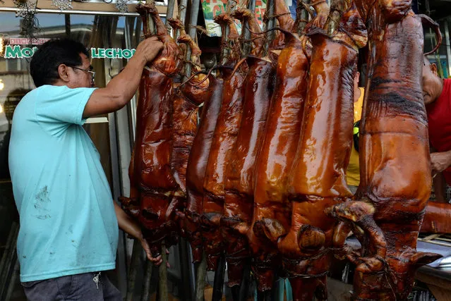 A worker arrangers rows of freshly roasted pigs, known locally as “lechon” and famously served as main courses during the New Year revelry, at a store in Manila, Philippines December 31, 2016. (Photo by Ezra Acayan/Reuters)