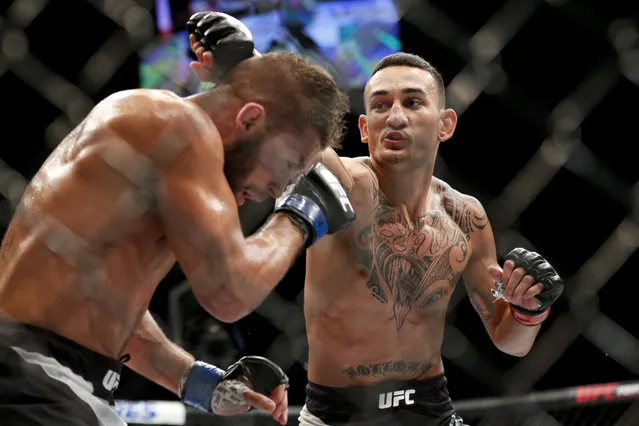 In this December 12, 2015, file photo, Max Holloway, right, fights Jeremy Stephens during a featherweight mixed martial arts bout at UFC 194 in Las Vegas. Holloway and Amanda Nunes are among the toughest and winningest fighters of their generation, and their latest title defenses against Alex Volkanovski and Germaine De Randamie are both likely to be more entertaining than the main event bout between two wrestlers who sometimes talk better than they punch. (Photo by John Locher/AP Photo/File)
