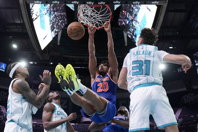 New York Knicks guard Jericho Sims dunks against the Charlotte Hornets during the second half of a preseason NBA basketball game on Sunday, October 6, 2024, in Charlotte, N.C. (Photo by Chris Carlson/AP Photo)