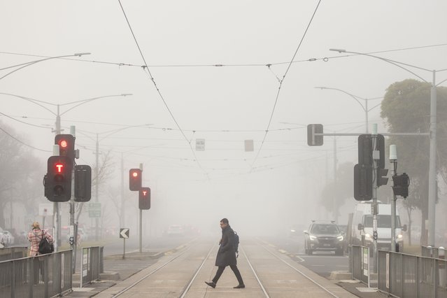 Fog shrouds Flemington Road as commuters cross the road in Melbourne, Australia, 04 July 2024. (Photo by Diego Fedele/EPA)