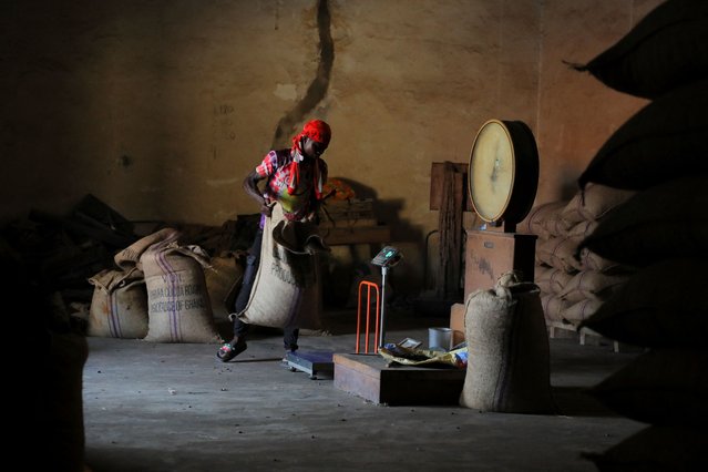 A worker weighs bags of sun-dried cocoa beans at the warehouse of a licensed cocoa-buying company in Assin Foso, Ghana on November 20, 2024. (Photo by Francis Kokoroko/Reuters)