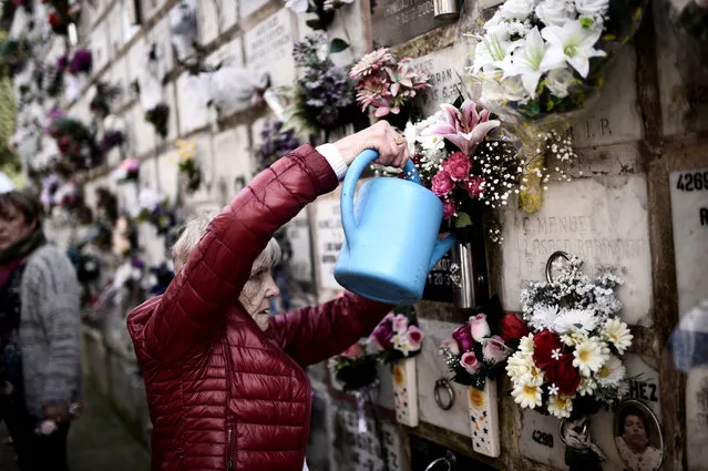 Maria Luisa Mendicote waters flowers on a niche bearing the remains of her parents and a nephew at Derio cemetery on All Saints Day, near Bilbao, Spain, November 1, 2017. (Photo by Vincent West/Reuters)
