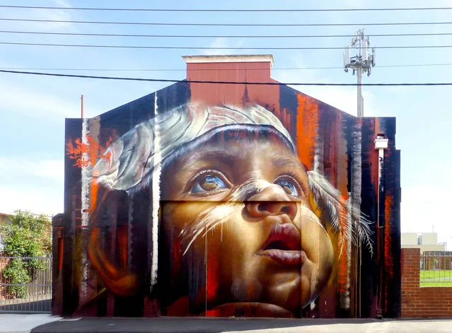 Adnate, Brunswick. Adnate is one of the world’s pre-eminent large-scale portrait artists. Over the past few years he has spent time in remote Indigenous communities in Arnhem Land and the Kimberley, photographing the people in the portraits he paints. Adnate recently painted members of the local Indigenous community on a set of disused grain silos in the Wimmera. Through his work he hopes to raise awareness of Indigenous issues. (Photo by Lou Chamberlin/The Guardian)