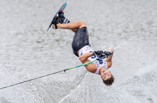 Jake Abelson of the United States trick skis during the preliminary round of the 2025 IWWF World Waterski Championships at Parco Nautico del Sesia on August 29, 2025 in Novara, Italy. (Photo by Johnny Hayward/Getty Images)