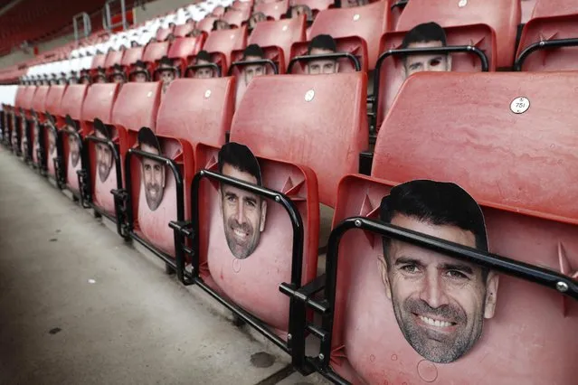 Britain Football Soccer, Southampton vs Burnley, Premier League, St Mary's Stadium on October 16, 2016. Masks of former Southampton player Francis Benali on the seats before the match. (Photo by John Sibley/Reuters/Action Images/Livepic)