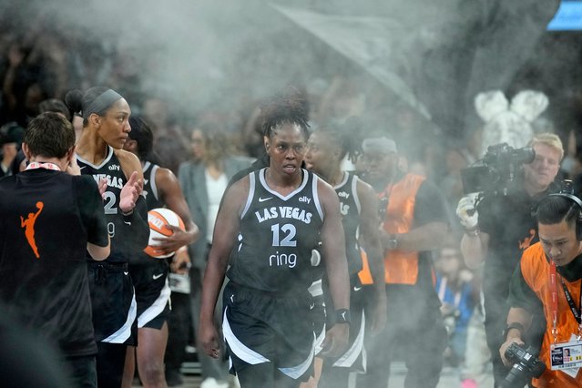 Las Vegas Aces guard Chelsea Gray (12) walk off the court after Game 1 of the WNBA basketball finals against the Phoenix Mercury, Friday, October 3, 2025, in Las Vegas. (Photo by John Locher/AP Photo)