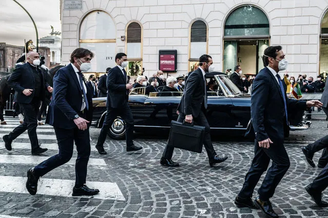 President Sergio Mattarella goes to the Quirinale aboard a Lancia Flaminia, accompanied by the prime minister, Mario Draghi, after the swearing-in ceremony in Rome, Italy on February 3, 2022. (Photo by Luigi Narici/AGF/Rex Features/Shutterstock)