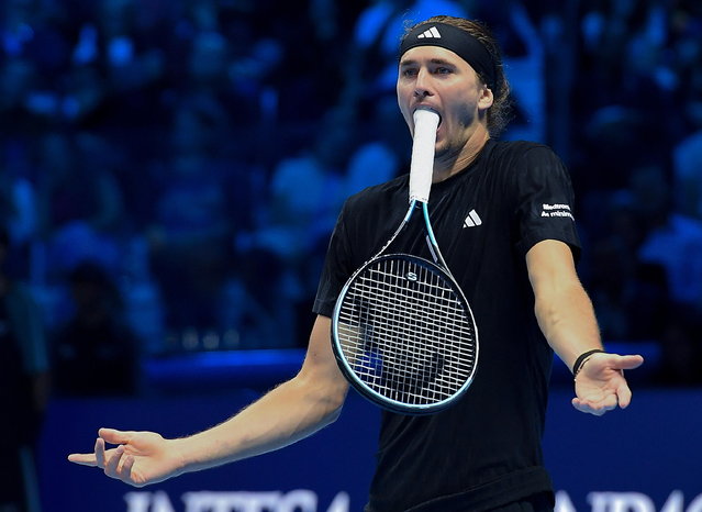 Alexander Zverev of Germany gestures to the chair umpire during the Singles Round Robin match against Jannik Sinner of Italy at the ATP Finals in Turin, Italy, 12 November 2025. (Photo by Alessandro Di Marco/EPA)