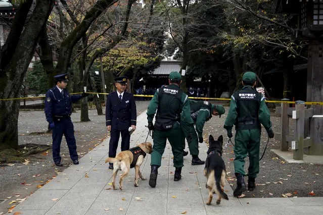 A small explosion damaged a public toilet on the grounds of a contentious Japanese war shine on Monday, drawing police bomb squad technicians and firefighters to the scene and prompting the shrine to close some areas to visitors, the Japanese news media reported. There were no reports of injuries at the shrine, Yasukuni, which has long been the focus of political tensions. Here: Police enter a cordoned-off area after a blast at the Yasukuni shrine in Tokyo, Japan, November 23, 2015. (Photo by Toru Hanai/Reuters)